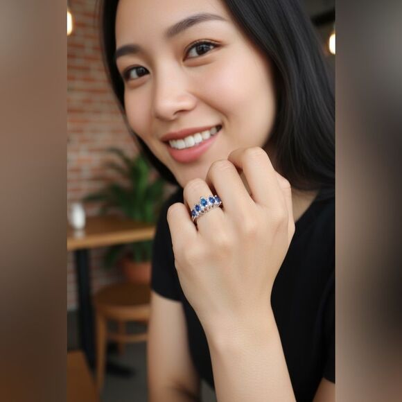 WOMEN’S BLUE MARQUISE GEMSTONE RING – SILVER BAND WITH CLEAR ACCENTS, SIZE 7.5 - Picture 12 of 17